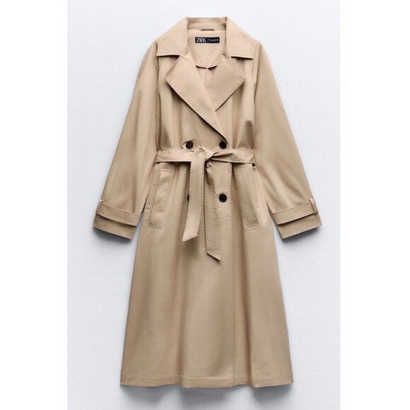 Zara Woman Trench Coat Jacket Double breasted Medium Beige Tan Tie Belt - Picture 1 of 15